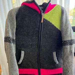 Fleece-lined, hooded, zip wool sweater